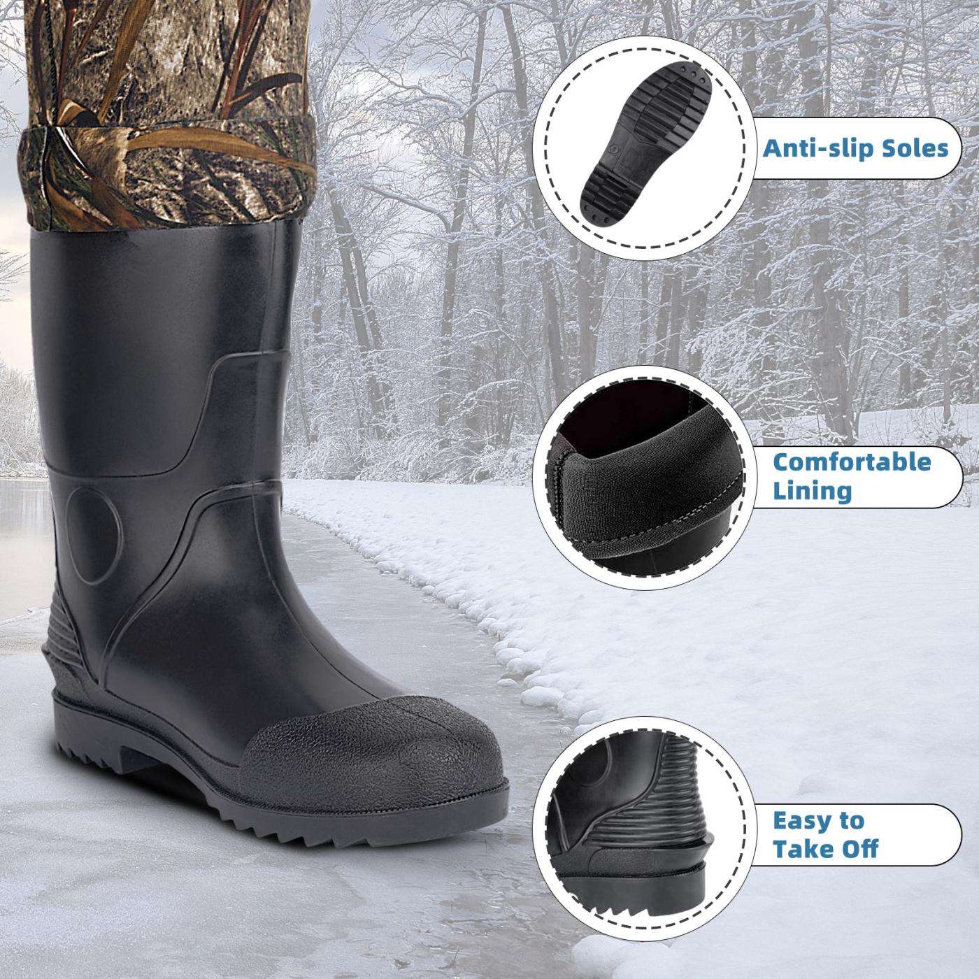 Close-up of Trudave AquaFort Series waterproof neoprene wader boots – anti-slip soles, comfortable lining, and easy-to-take-off design for reliable traction and comfort during hunting and fishing